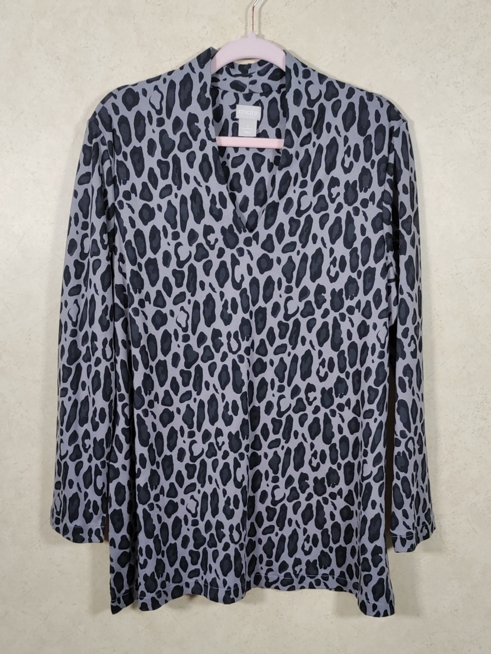 I133 Chico's Grey & Black Cotton Leopard Print V-Neck Tunic 3 XL NEW